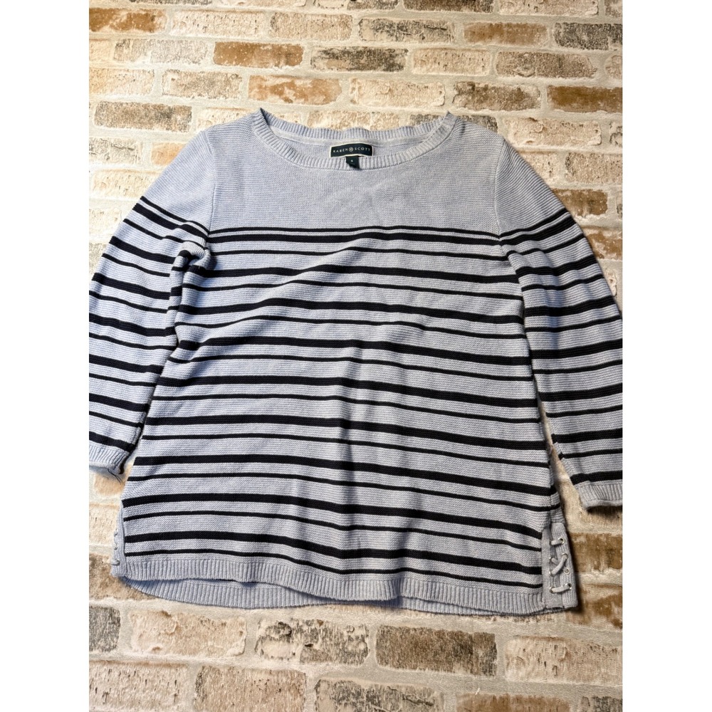 Karen Scott Womens Blue Black Striped Cotton Lace Up Side Sweater Small